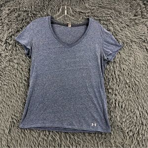 Under Armour Shirt UA Womens Large Vneck Fitted Coupe Heatgear Blue Heathered
